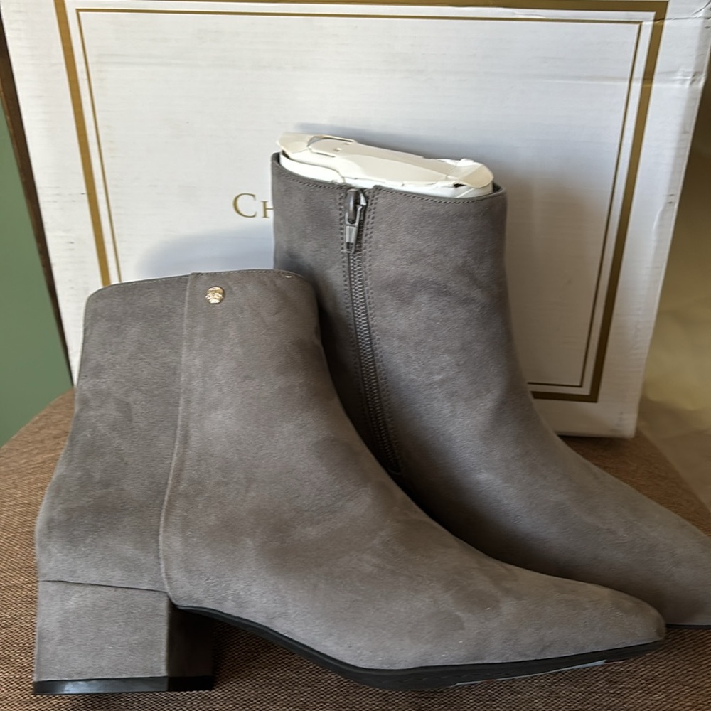 Gray suede ankle boots with a low block heel and zipper closure